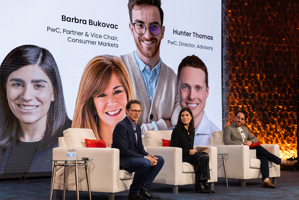 Jill Noeh, Hunter Thomas, and Max Glickman sitting together on stage with a background image that reads Barbra Bukovac and Hunter Thomas